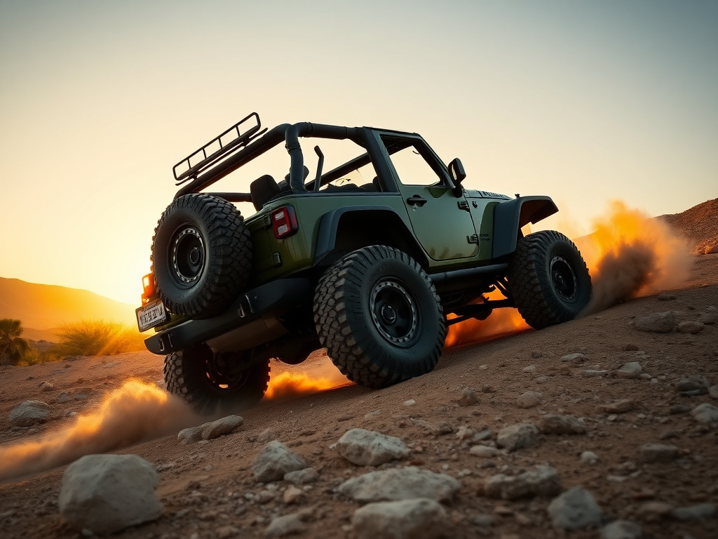 Modified Jeep Wrangler tackling a rocky desert trail at golden hour